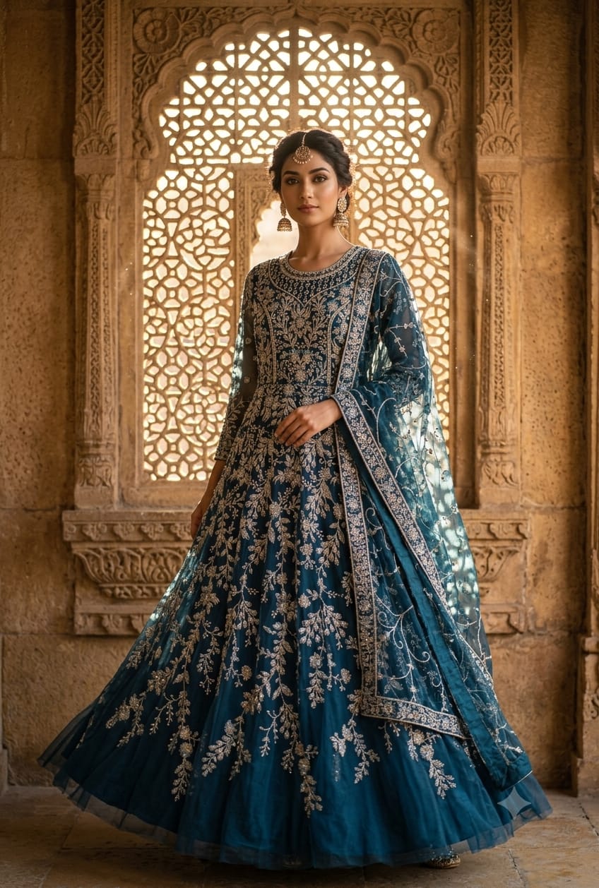Royal Peacock Blue Heavily Embroidered Net Gown Set