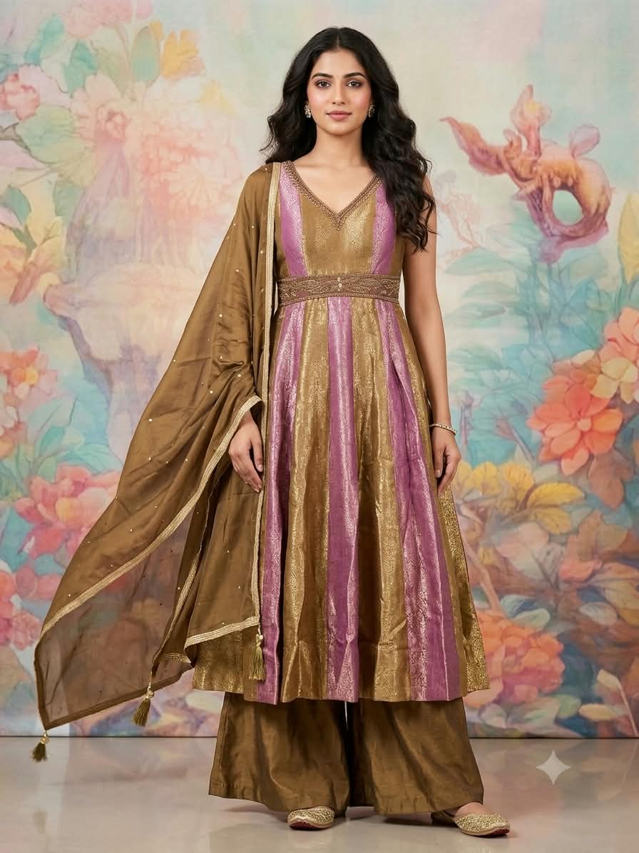 Olive Gold & Mauve Dual-Tone Tissue Silk Anarkali Palazzo Set