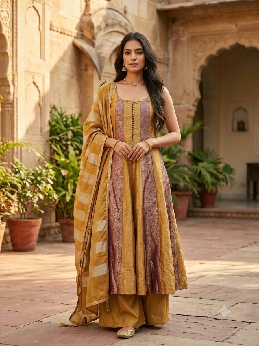 Mustard Gold & Rose-Gold Brocade Panel Anarkali Palazzo Set