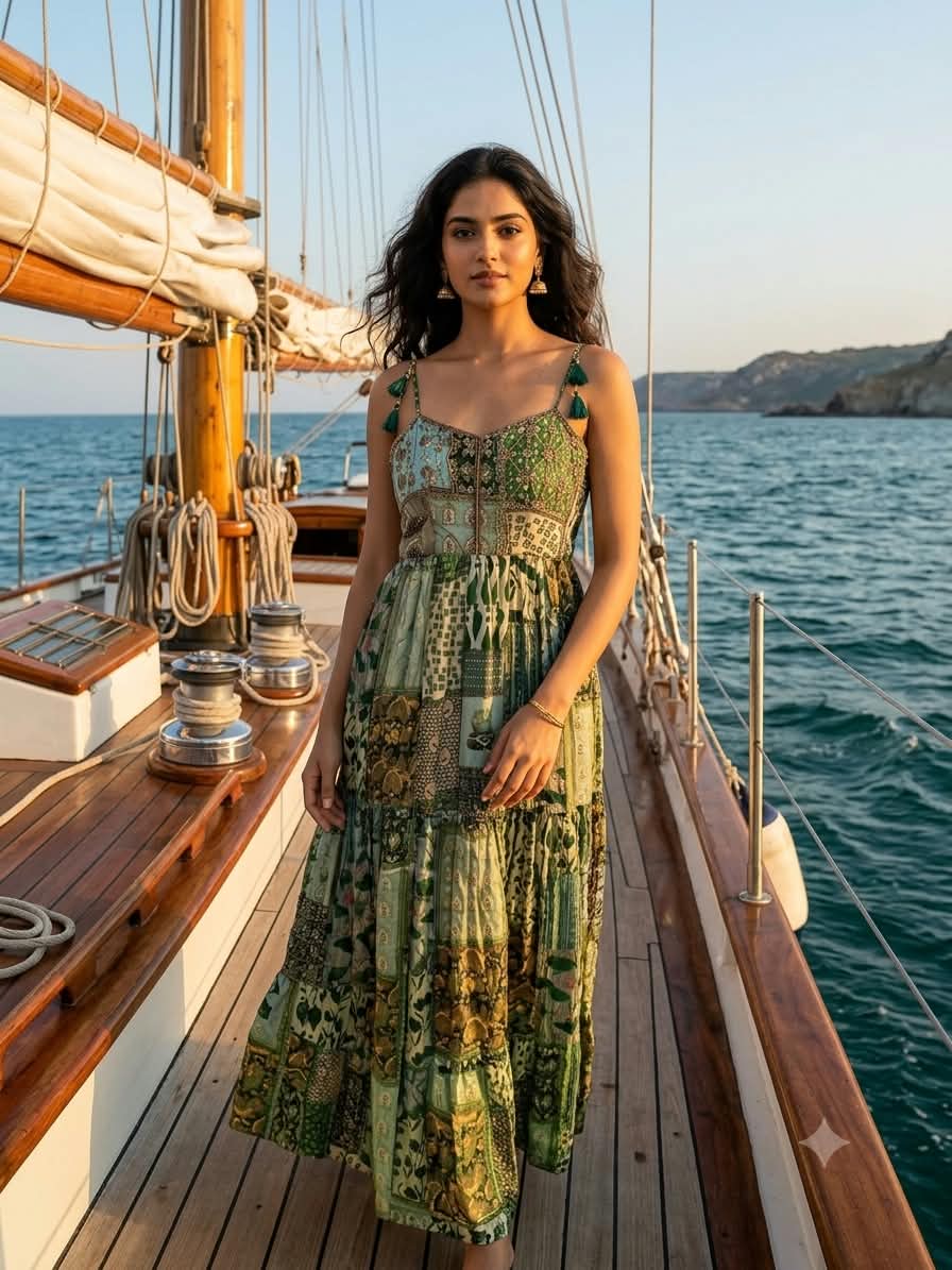 Sage & Olive Green Patchwork Embroidered Strappy Anarkali Gown Set