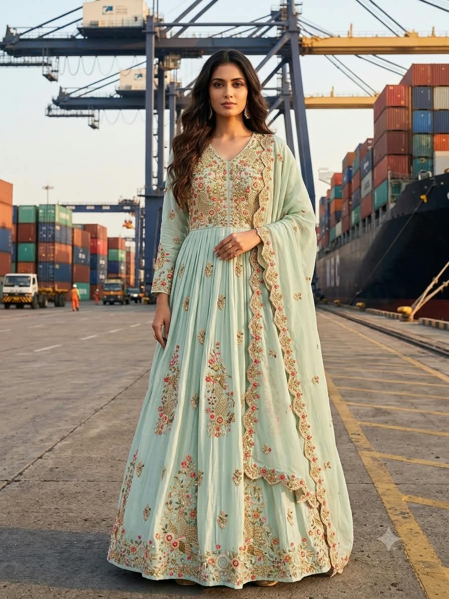 Mint Mist Floral Embroidered Anarkali Gown Set