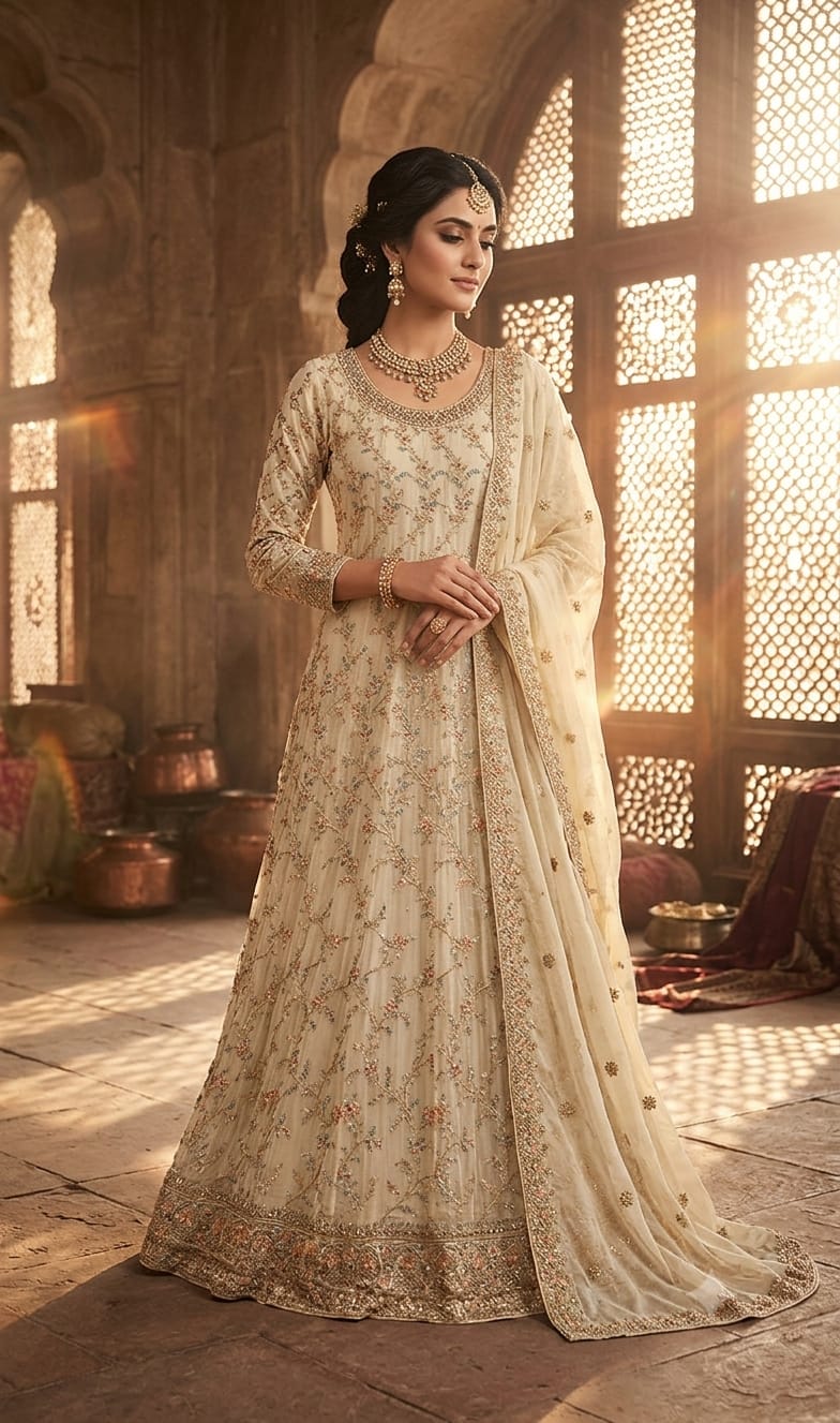 Ivory Cream Pastel Floral Embroidered Anarkali Gown Set