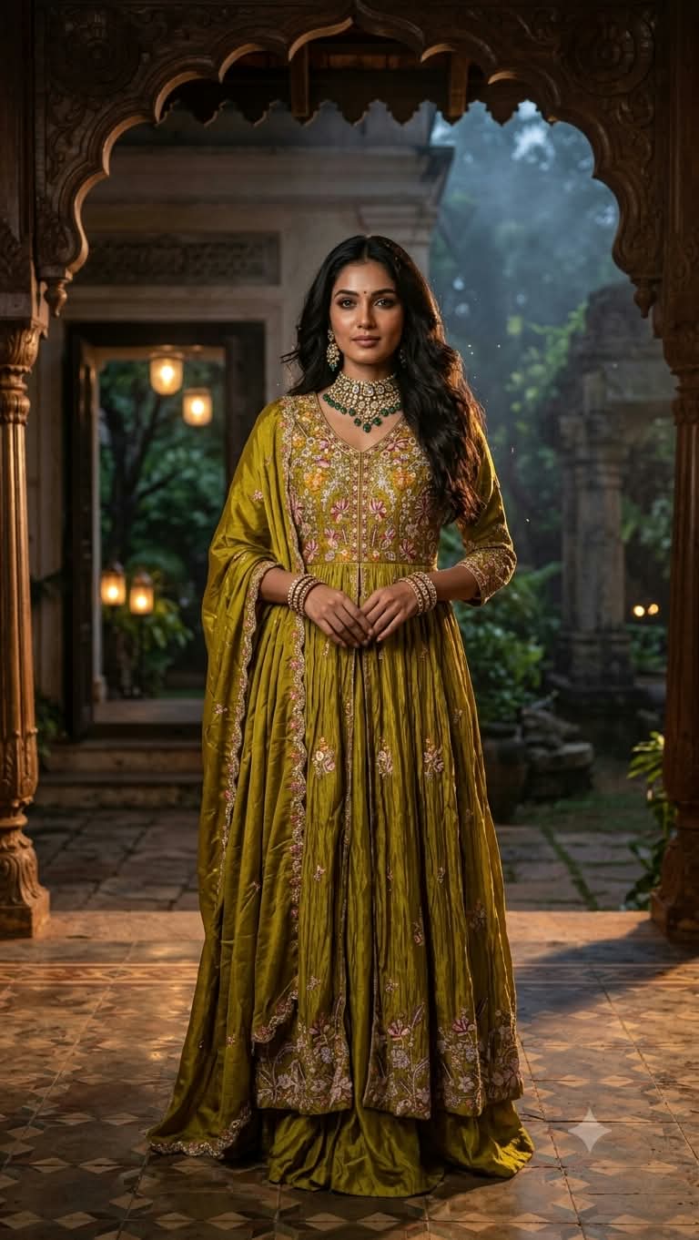 Olive Mustard Front-Slit Anarkali Kurta & Sharara Set
