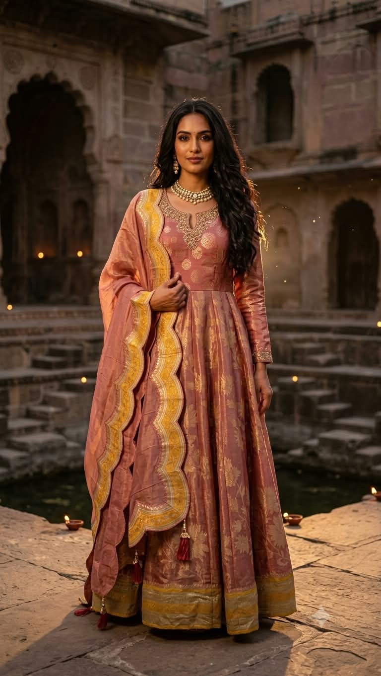 Rose-Gold & Ochre Brocade Anarkali Gown Set