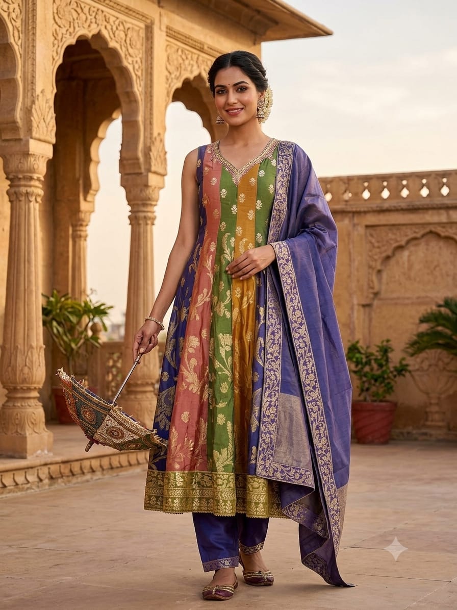 Multi-Color Banarasi Silk Paneled Anarkali Gown Set