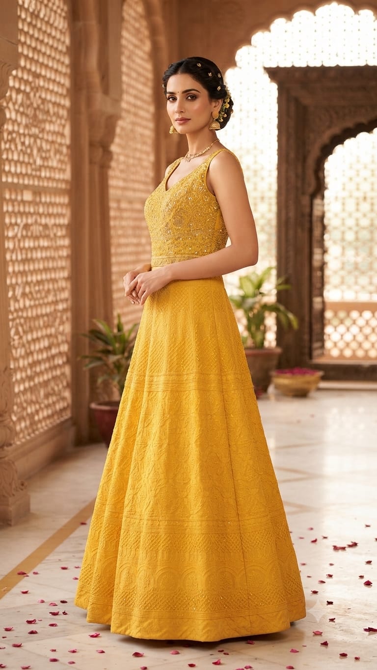 unshine Yellow Chikankari Embroidered Anarkali Gown
