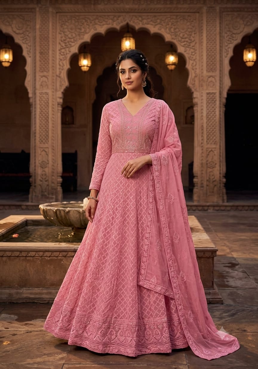 Blush Pink Chikankari Self-Embroidered Anarkali Gown Set.