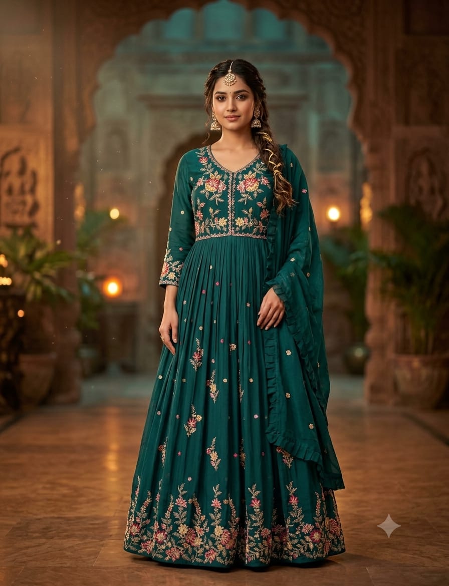 Emerald Green Floral Embroidered Crinkle Anarkali Gown Set