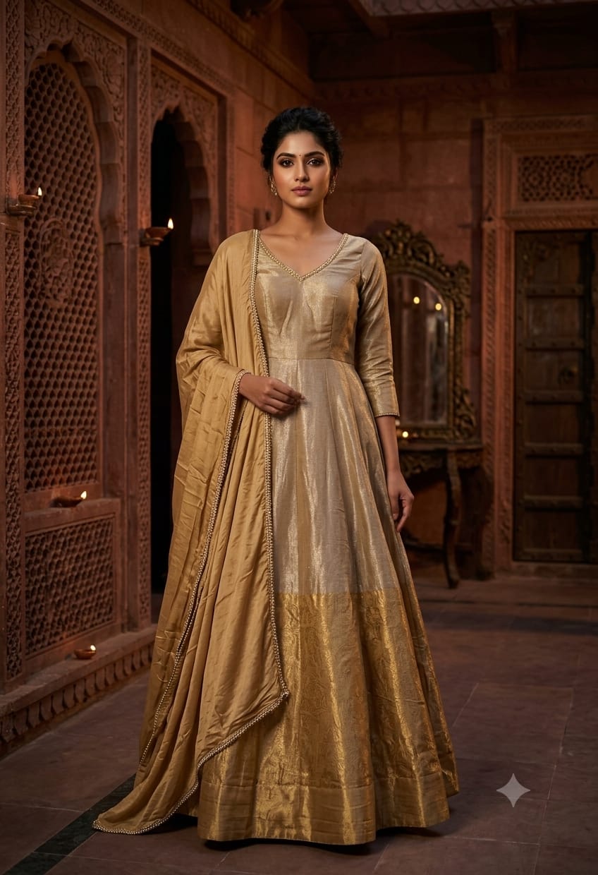 Champagne Gold Panel Metallic Anarkali Gown Set