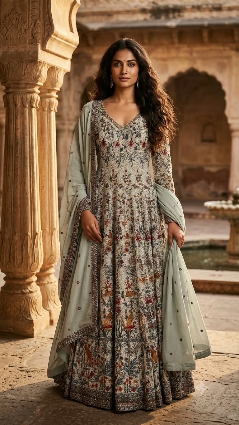 Mint Blue Pichwai-Inspired Embroidered Anarkali Set.