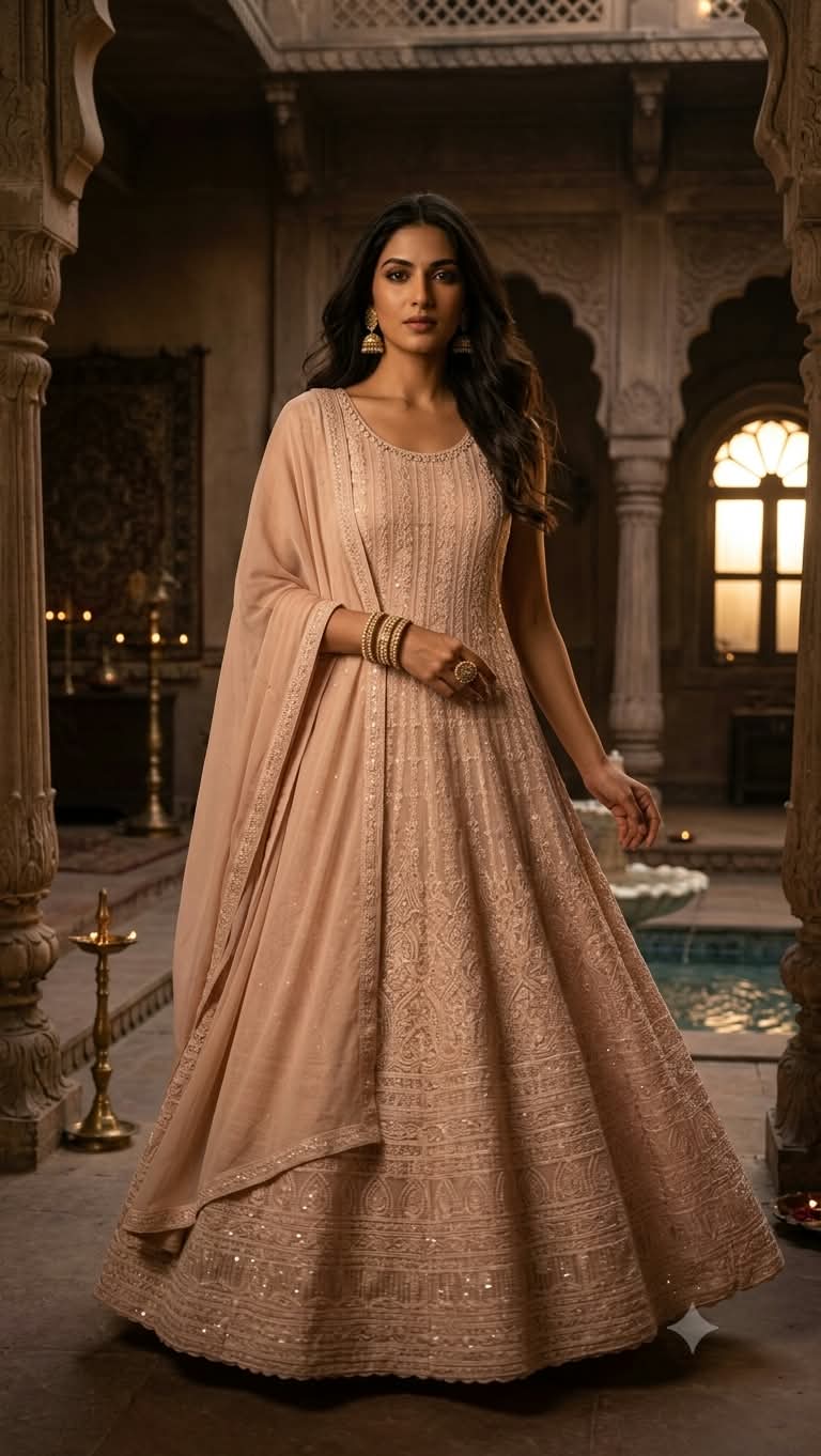 Dusty Peach Georgette Chikankari Anarkali Suit Set.