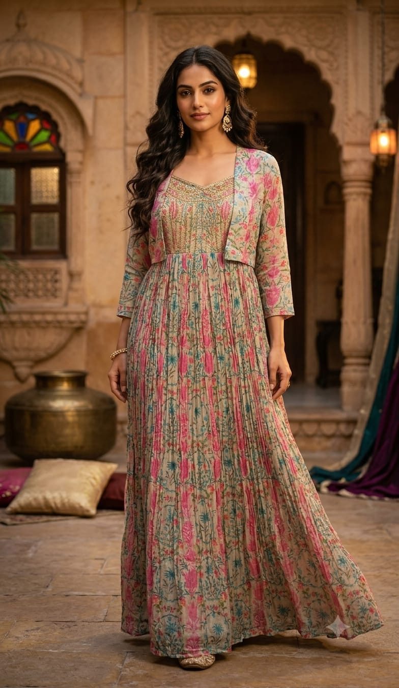 3-Piece Pastel Floral Printed Anarkali Set with Matching Shrug.