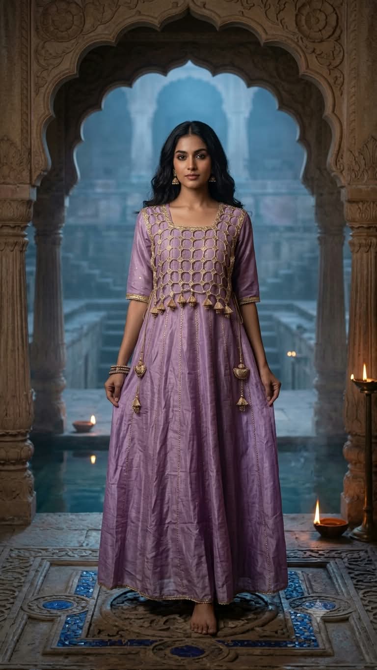 Lavender Tissue Silk Anarkali Set with Detachable Gota Lattice Shrug.