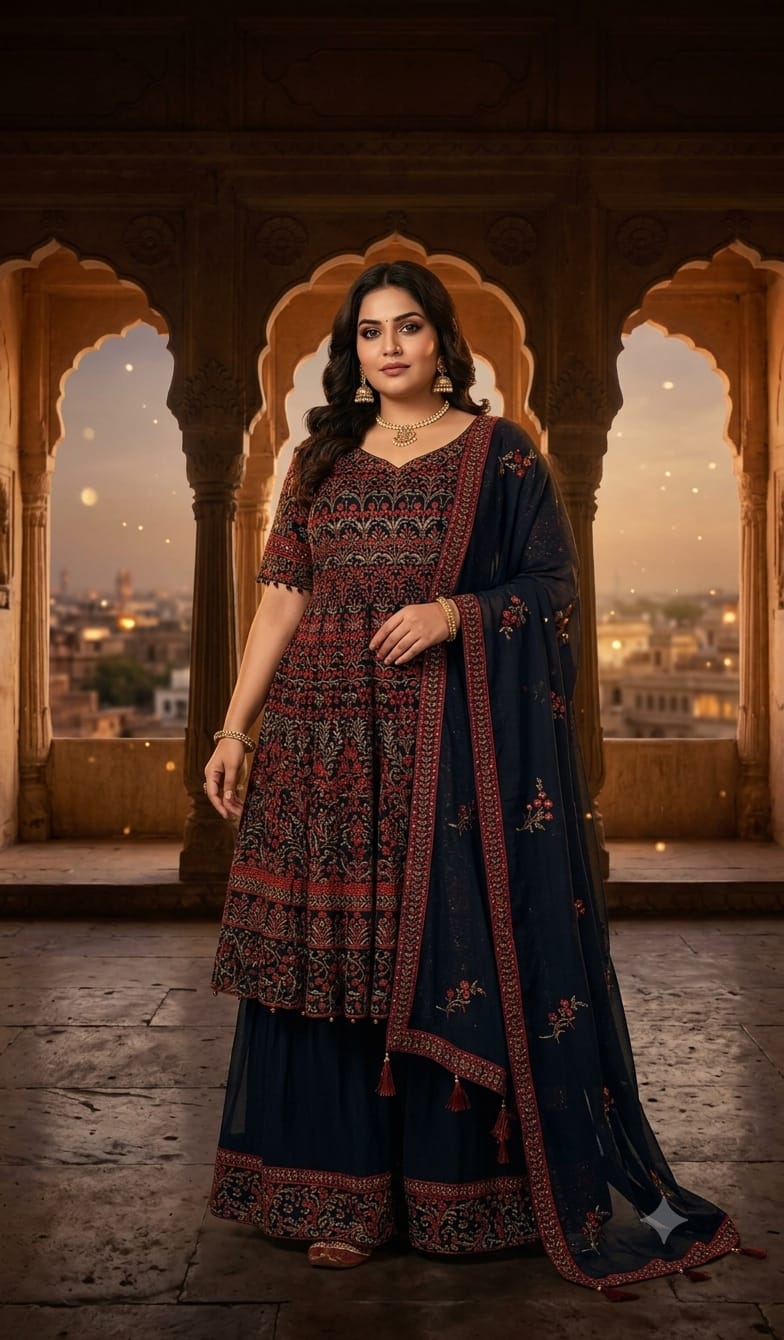 Midnight Black & Rust Floral Embroidered Sharara Set.