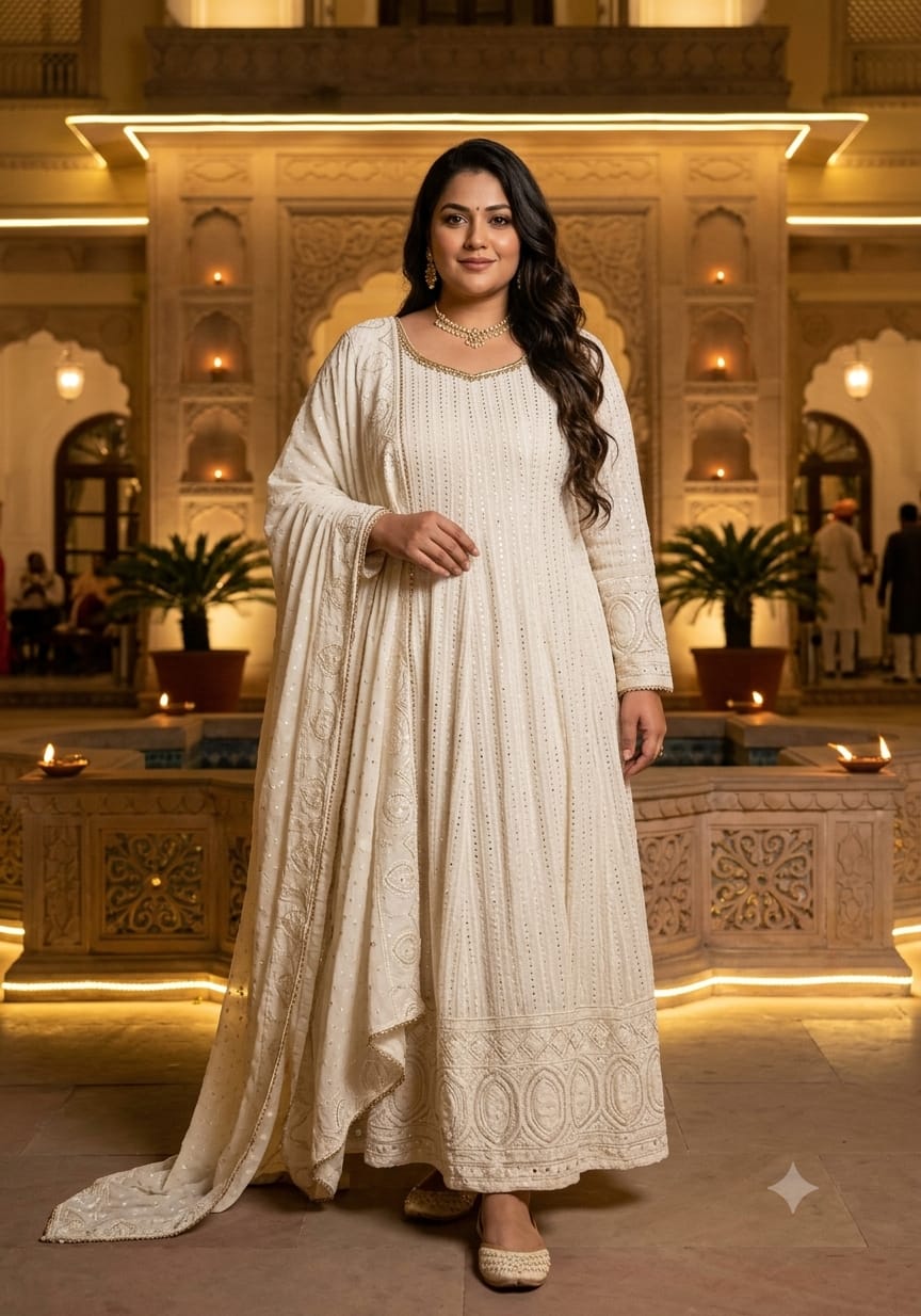 Ivory White Chikankari Anarkali Suit Set.