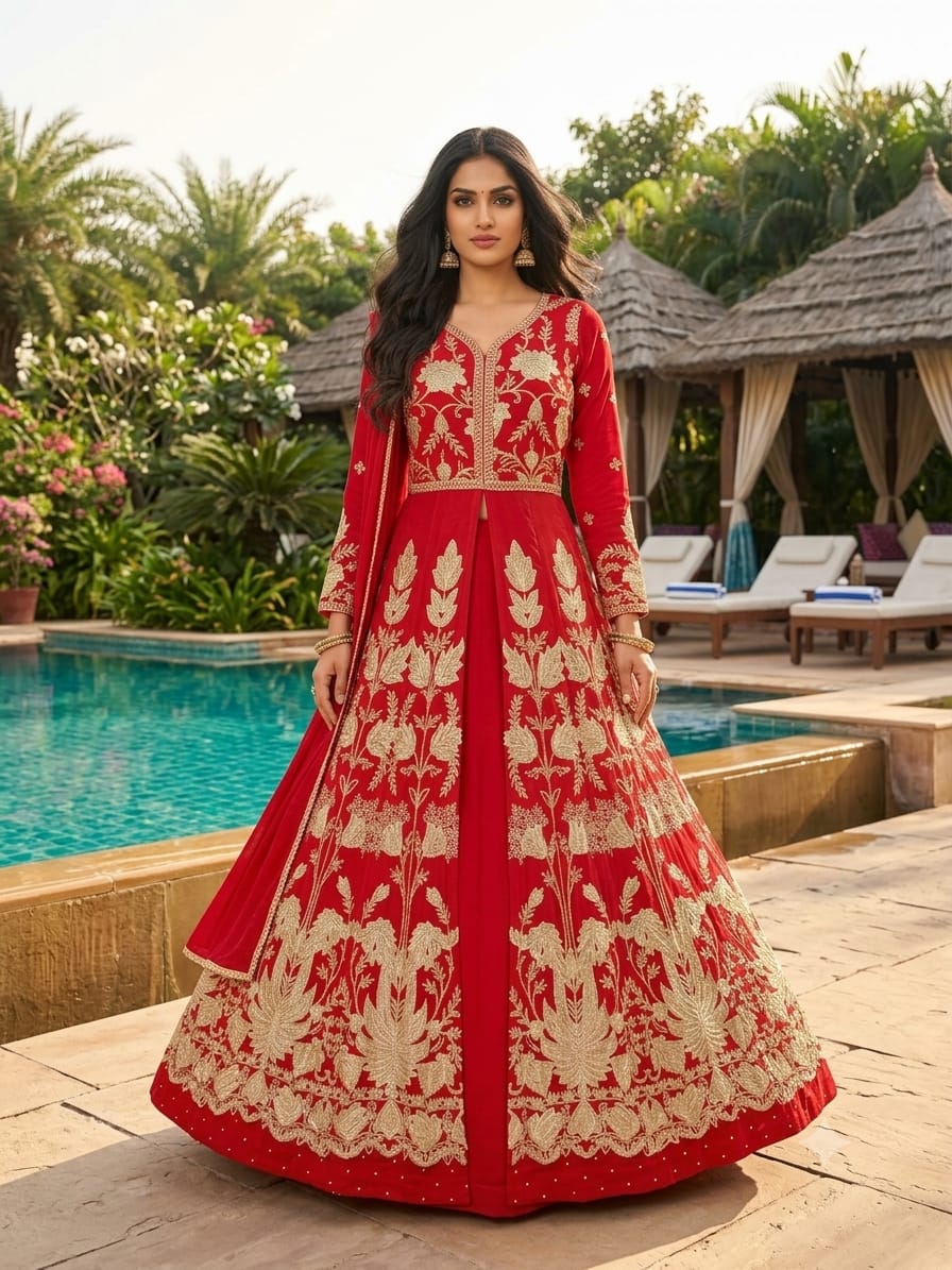 3-Piece Crimson Red Front open Slit Anarkali Lehenga Set.