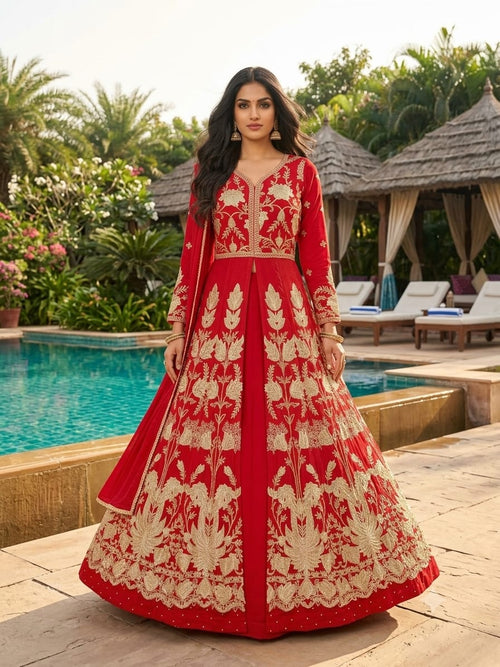 3-Piece Crimson Red Front-Slit Anarkali Lehenga Set.