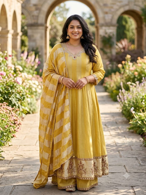 3-Piece Yellow Anarkali Salwar Suit Set.