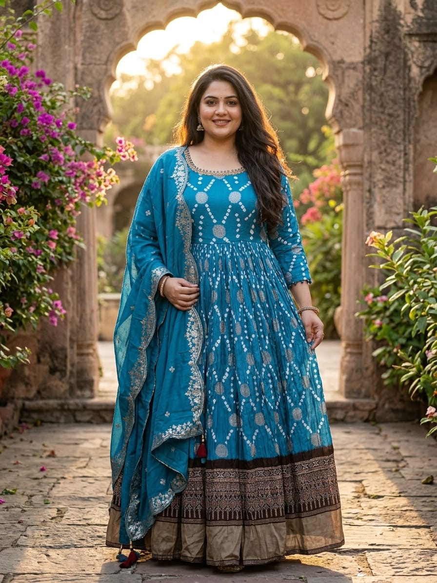Peacock Blue Bandhani Print Crinkled Anarkali Gown Set.