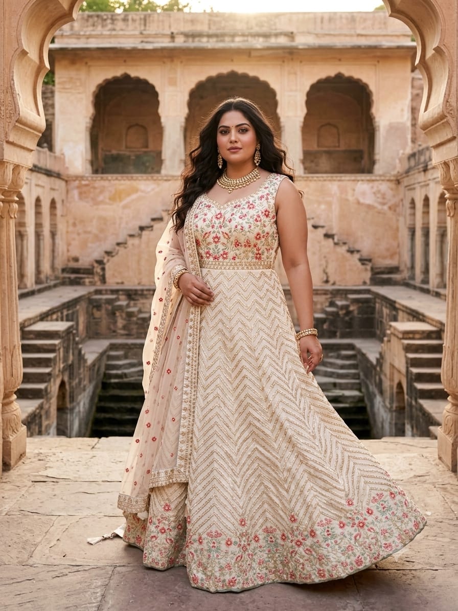 Off-White Floral Embroidered Zig-Zag Gota Anarkali Gown Set.