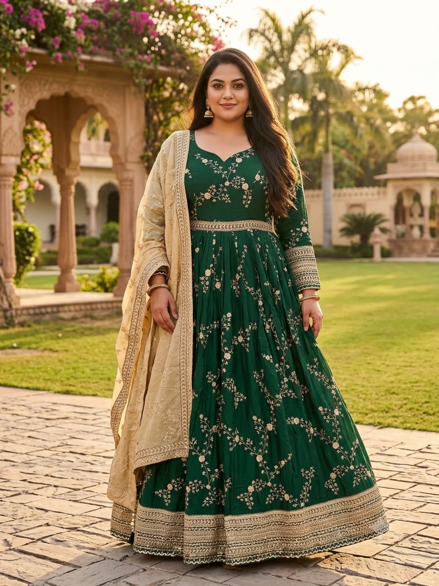 Emerald Green Floral Embroidered Crinkled Anarkali Gown Set