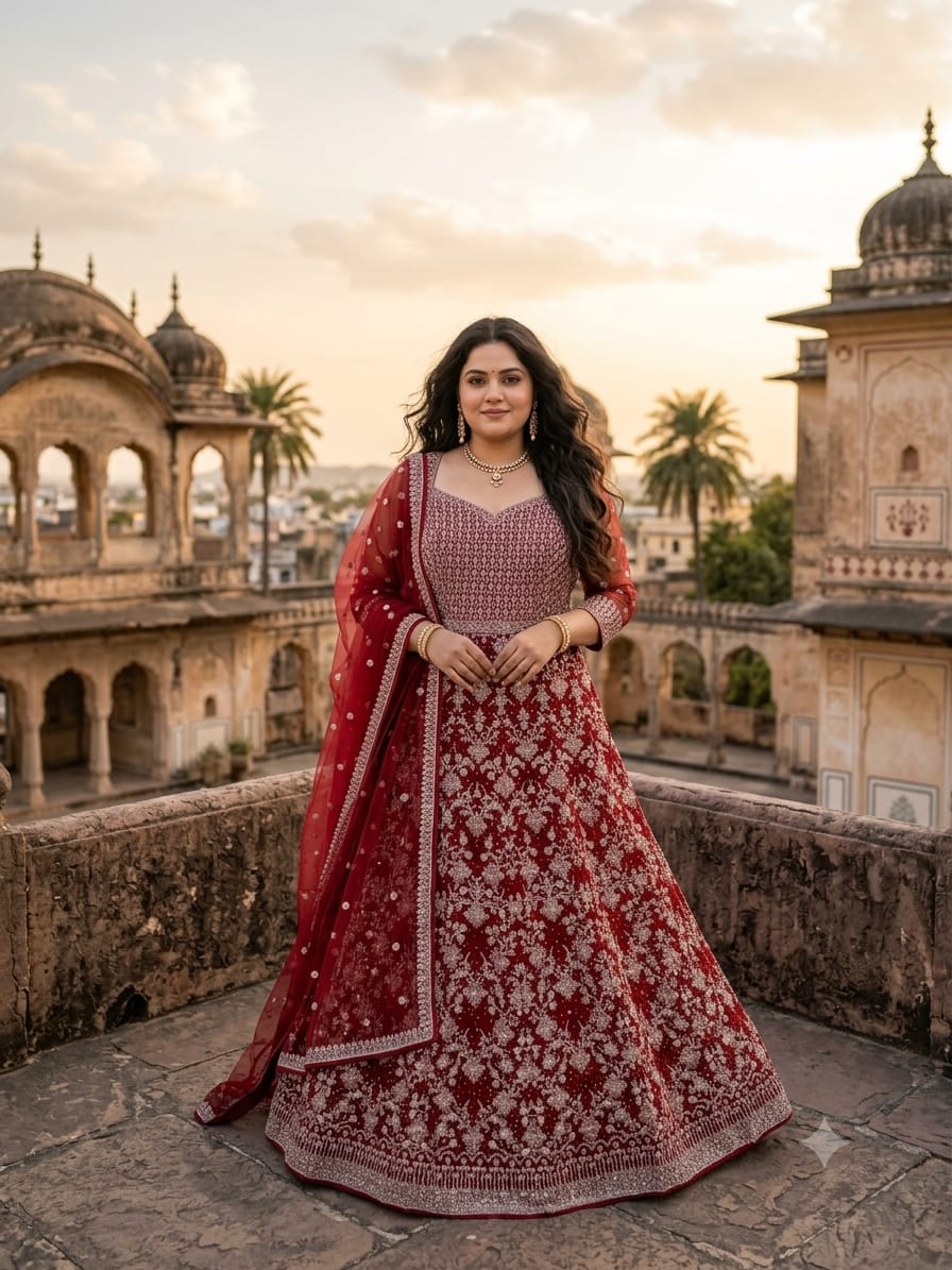 Crimson Red Heavily Embroidered Georgette Gown Set, Pluse Size.
