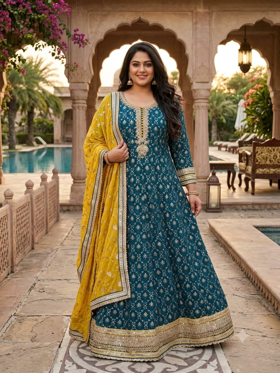 Teal Blue All-Over Chikankari and Zari Embroidered Anarkali Gown Set