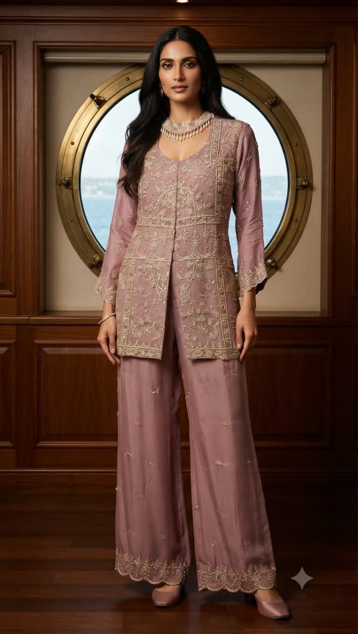 Mauve Pink Front-Slit Indo-Western Co-Ord Set With Palazzo.
