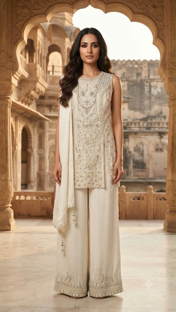 Ivory Cream Sleeveless Embroidered Paazzo Suit Set