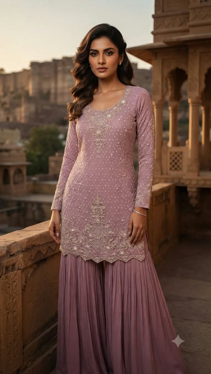 Mauve Pink Heavily Embroidered Georgette Sharara Suit Set.
