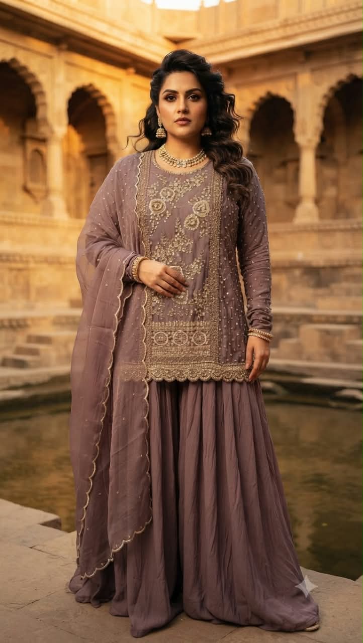 Muted Plum Silk Fabric Gharara Suit Set with Antique Gold Embroidery, Sangeet Nights, Pre-wedding Functions, Reception Gatherings, and Eid