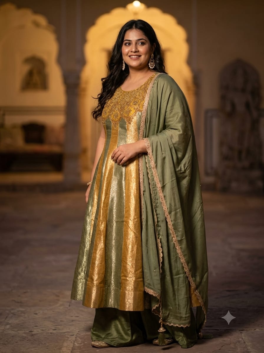 Sage Green & Mustard Gold Brocade Anarkali Sharara Set.