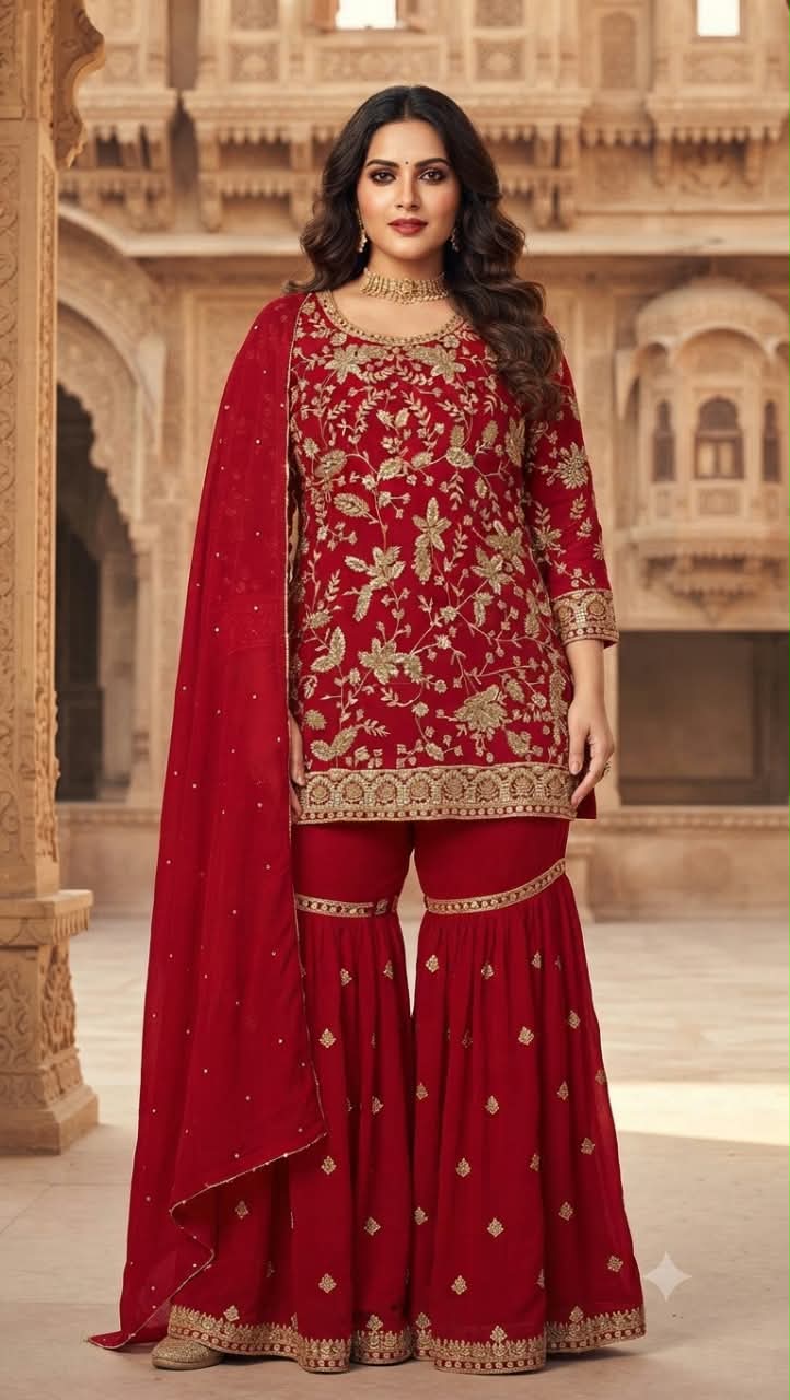 Crimson Red Heavily Embroidered Georgette Gharara Suit Set Wedding Functions, Reception Parties, Karwa Chauth, and Festivals