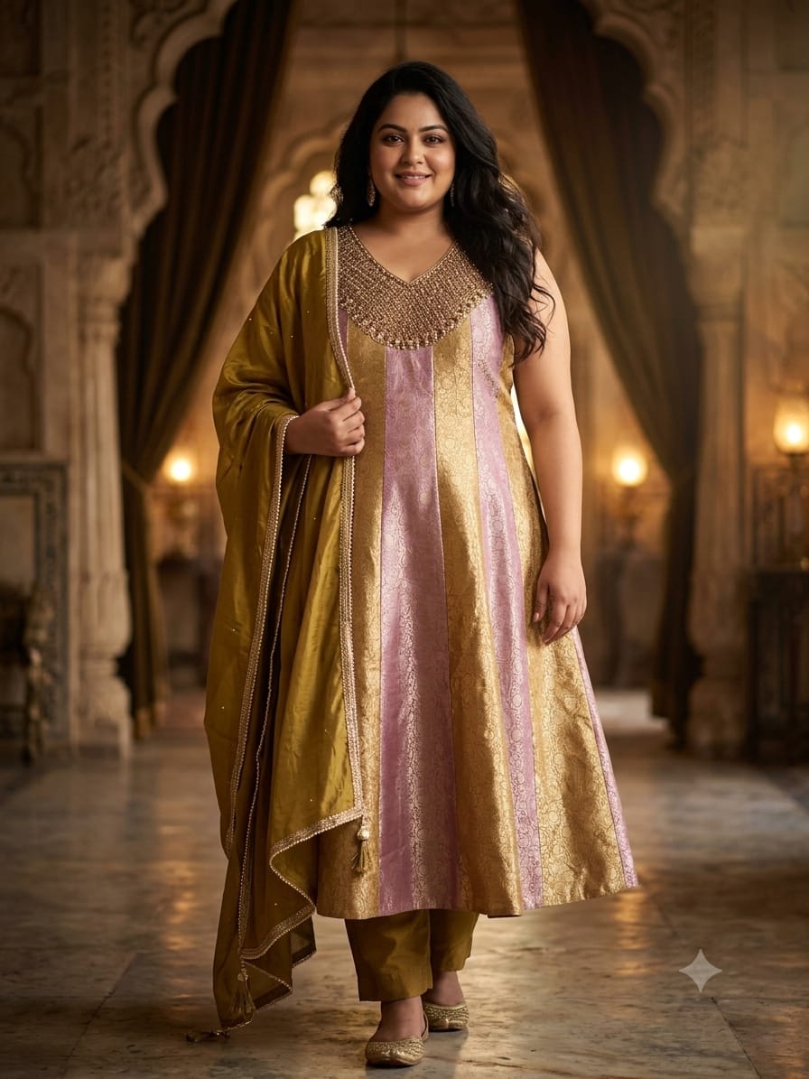 Wine Pink & Mustard Gold Paneled Anarkali Suit Set.