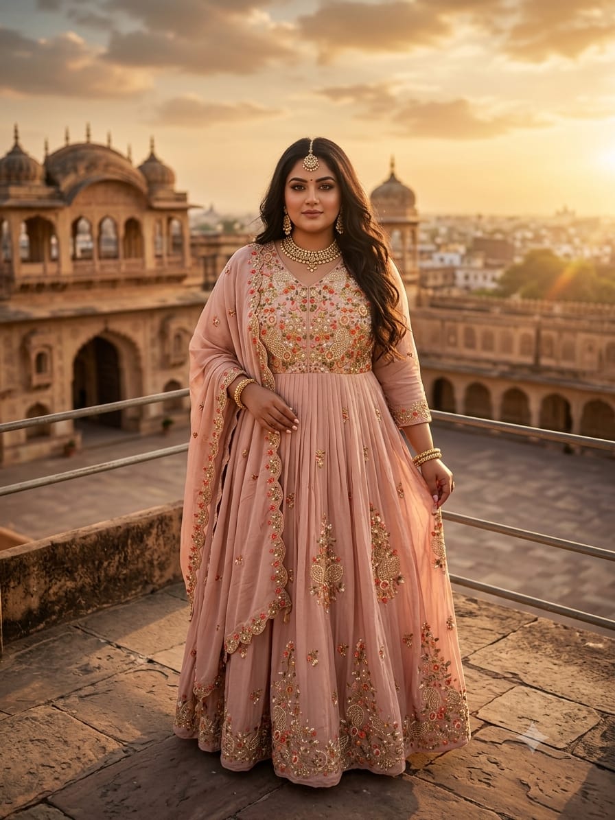 Pastel Mauve-Pink Embroidered Anarkali Suit Set.