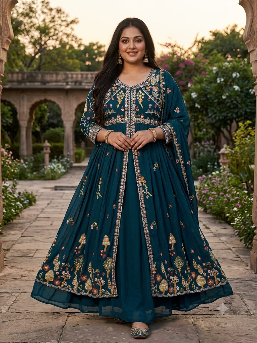 Teal Blue Embroidered Georgette Anarkali Gown with Jacket Overlay