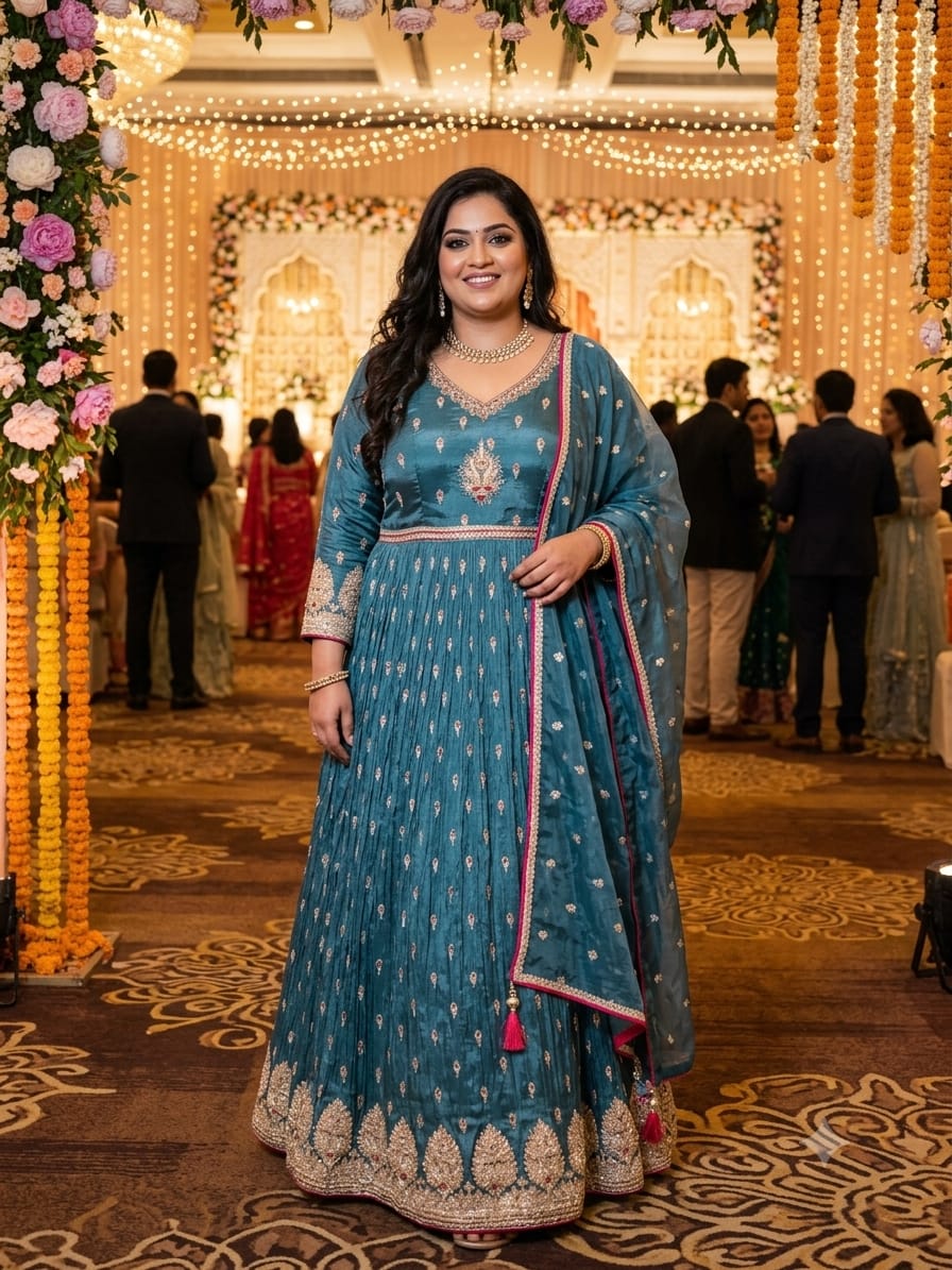 Elegant Teal Blue Crinkled Georgette Anarkali Gown Set.