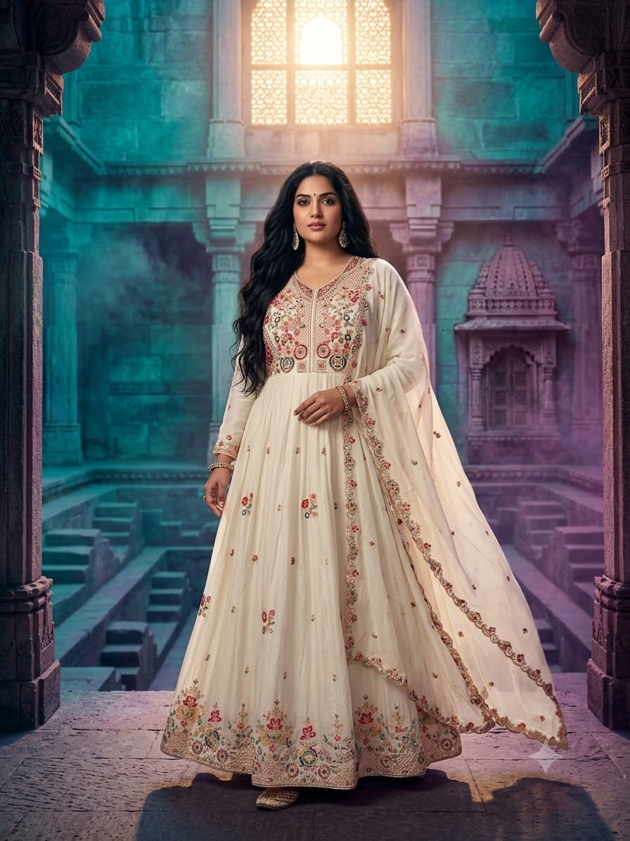 Ivory White Multi-Color Embroidered Georgette Gown Set