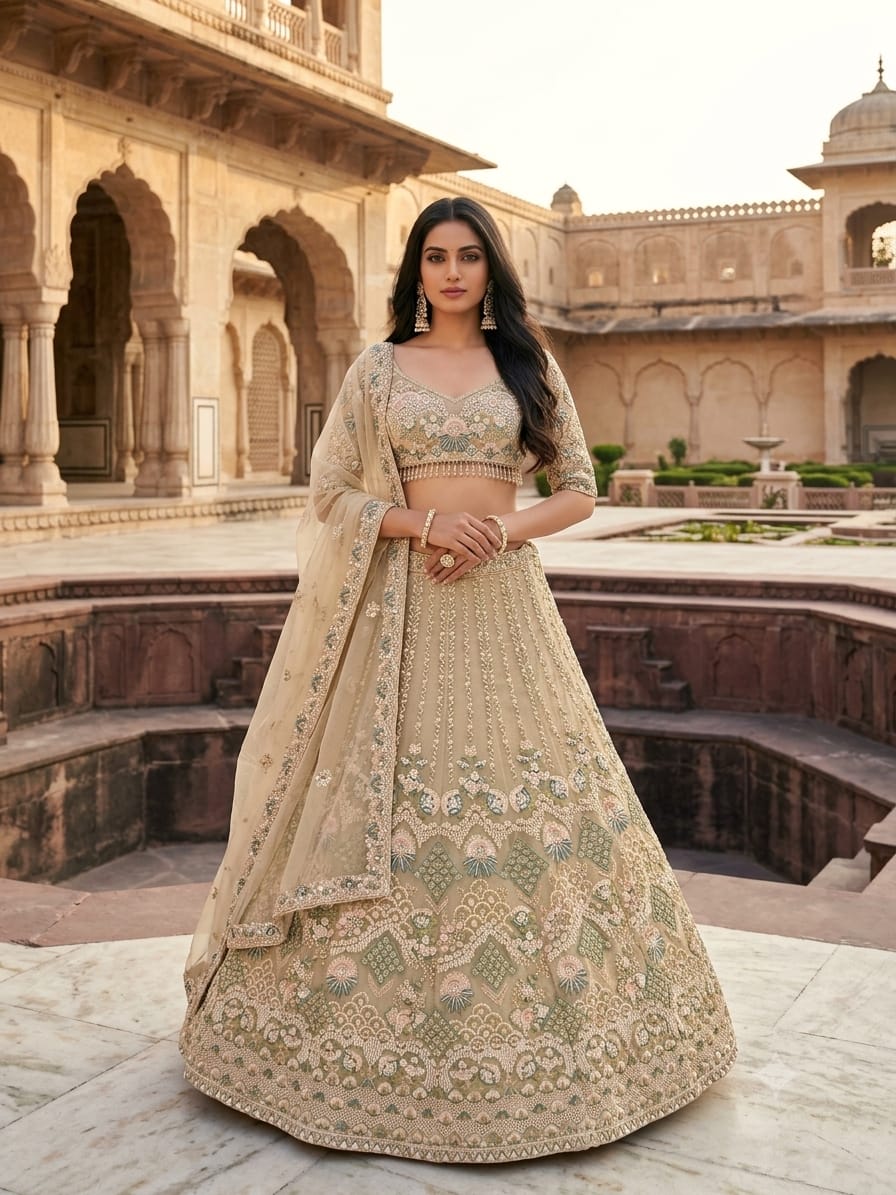 Pastel Sage Green Heavily Embroidered Bridal Lehenga Choli Set