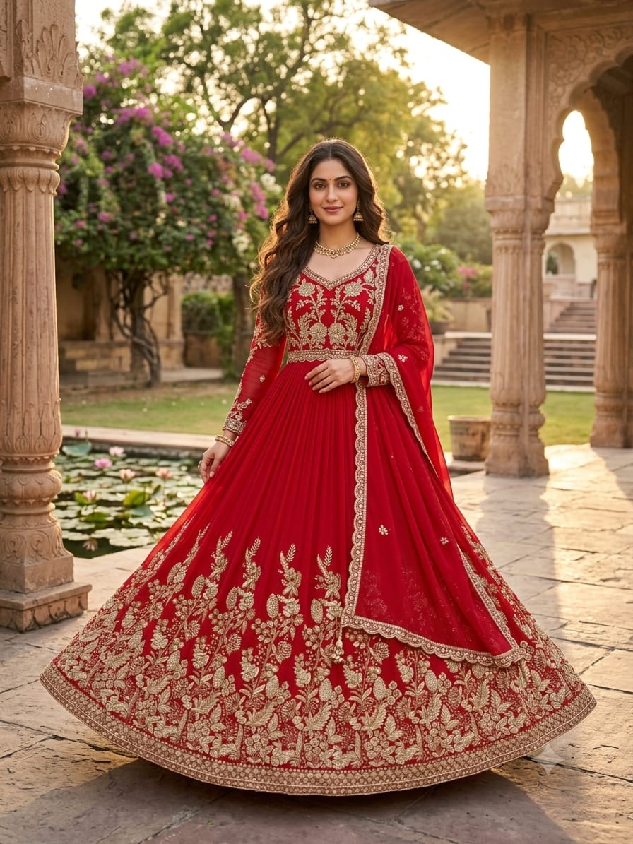 Scarlet Red Pleated Georgette Anarkali Gown with Ornate Zari Embroidery