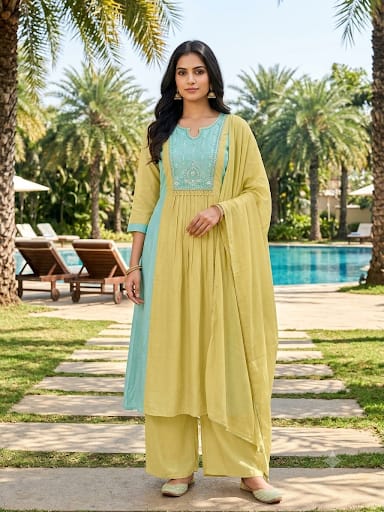 Anakali suit with pant, daytime festivities, family get-togethers, casual celebrations, and elegant office ethnic wear days.