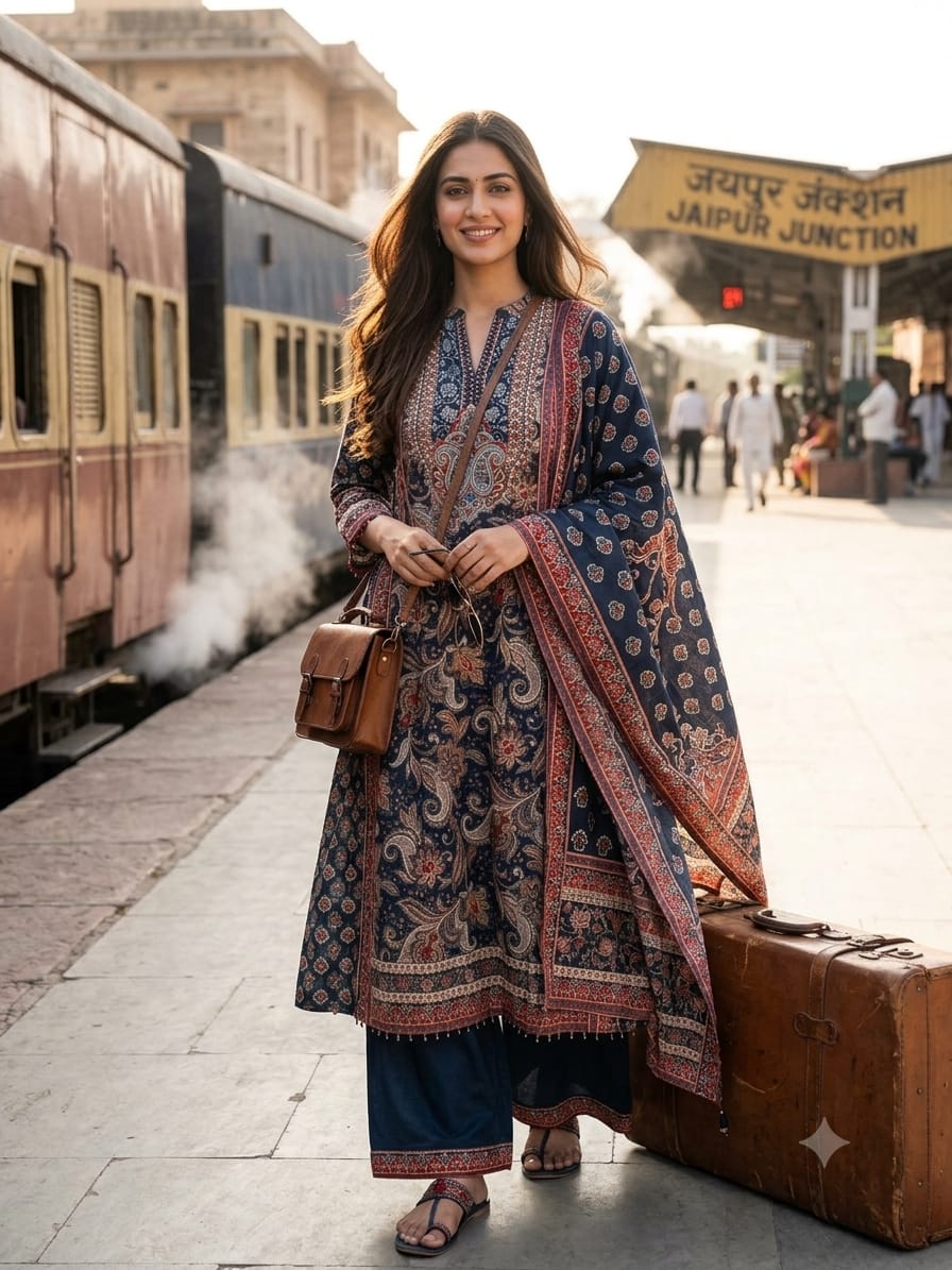 Indigo Blue Kalamkari Print Anarkali Kurta Set with Dupatta.