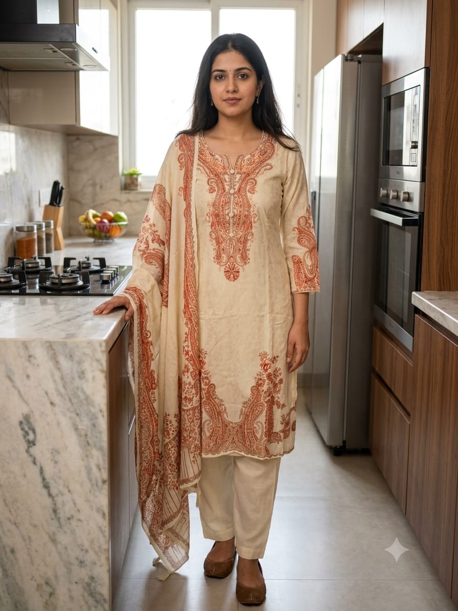 Ivory Cream Kashmiri Printed Kurta Set with Dupatta.