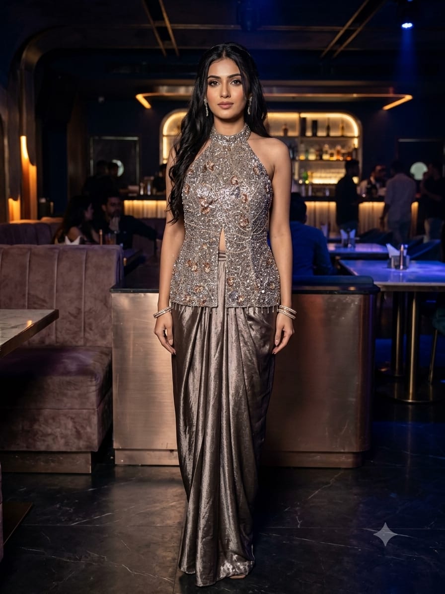 Metallic Halter Neck Top & Draped Dhoti Skirt Set.
