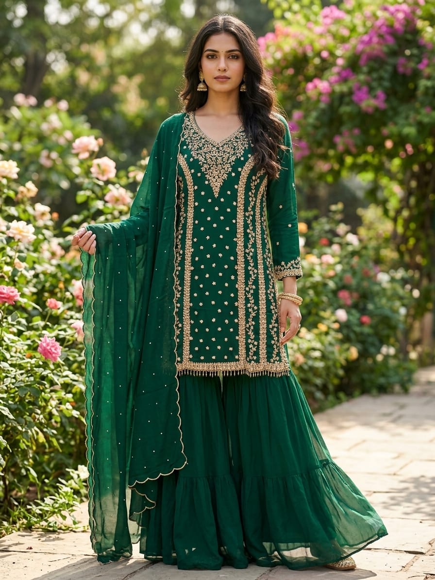 Emerald Green Heavily Embroidered Palazzo Suit Set