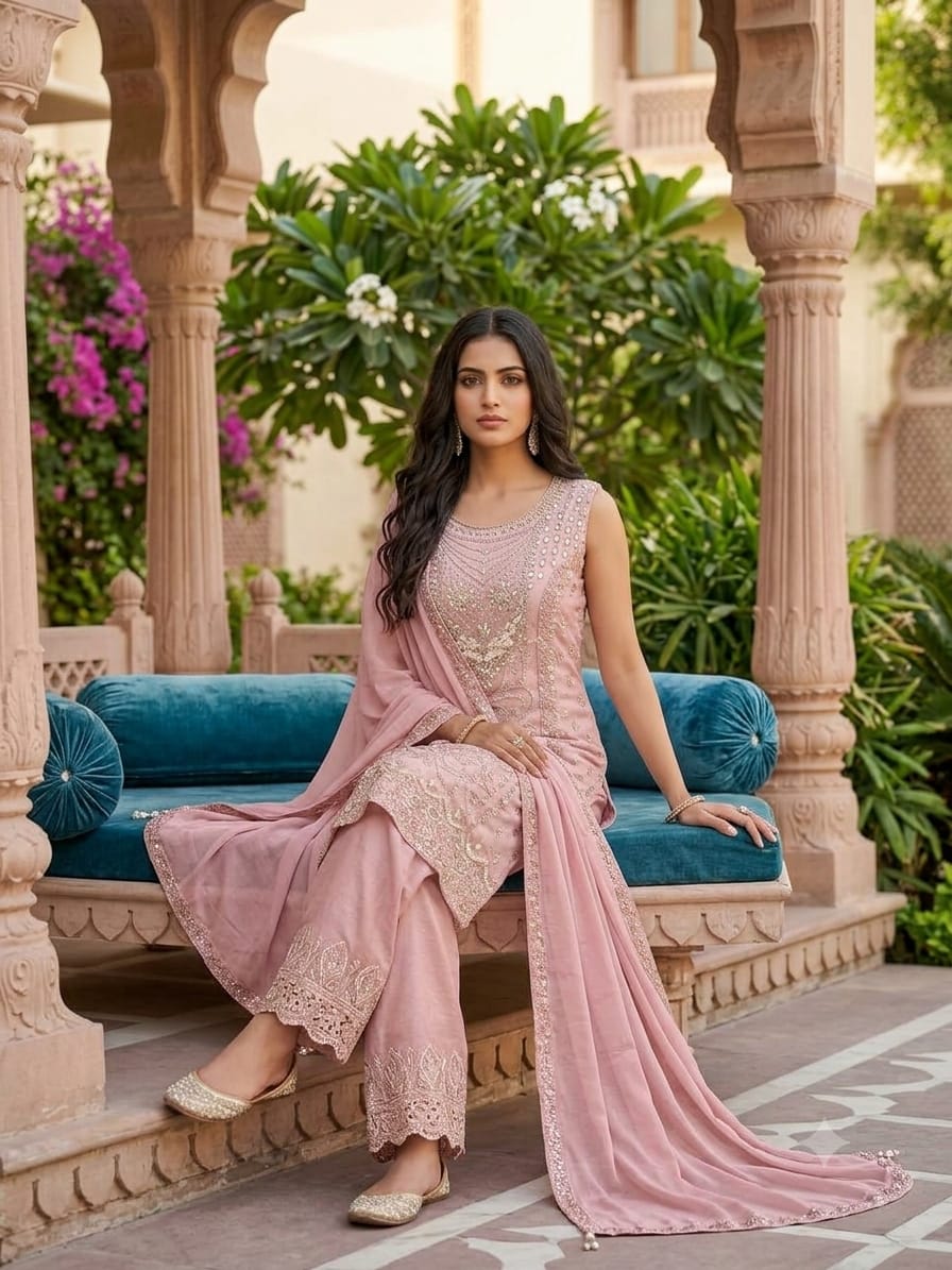 Dusty Rose Pink Embroidered Sleeveless Straight Kurta & Palazzo Set