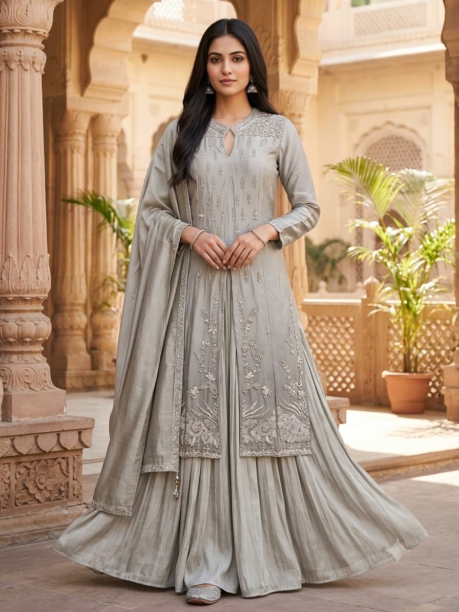 Dove Gray Embroidered Front-Slit Palazzo Suit.