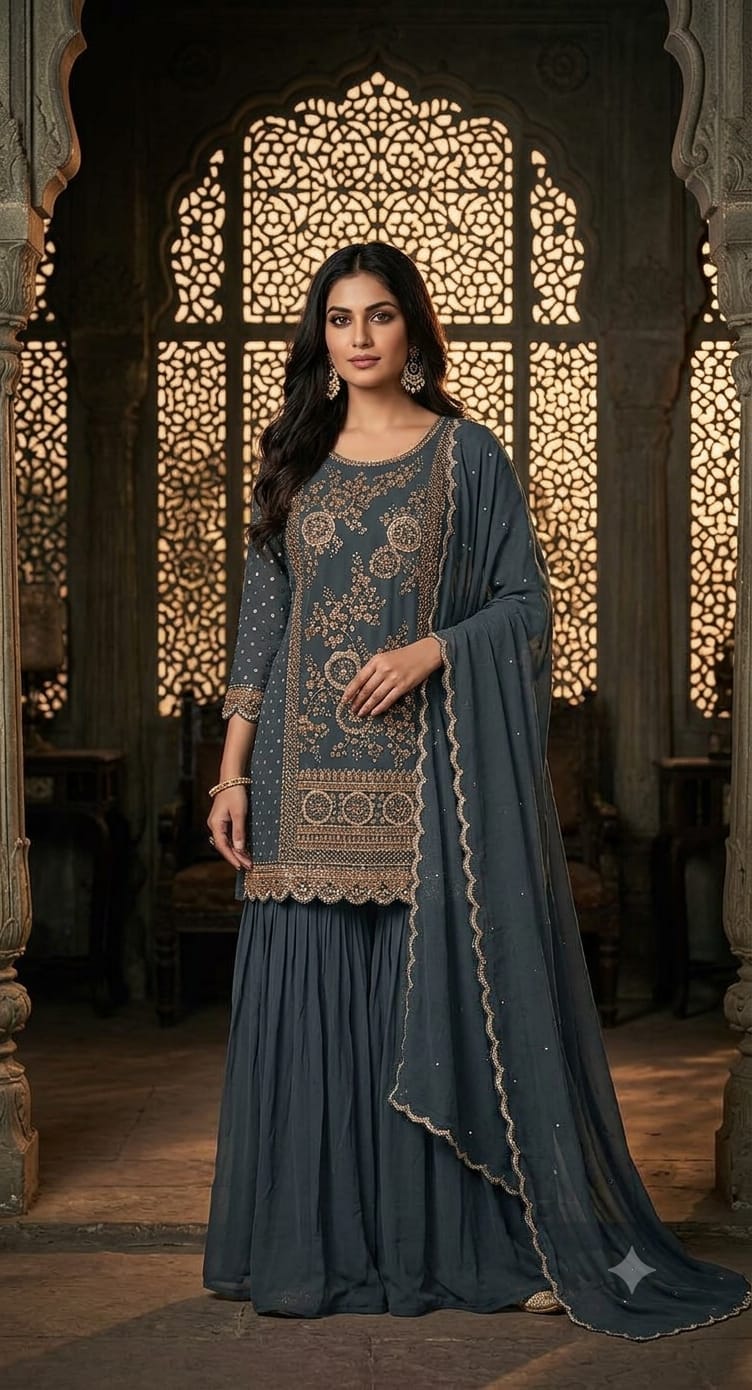 Charcoal Gray Embroidered Georgette Sharara Suit