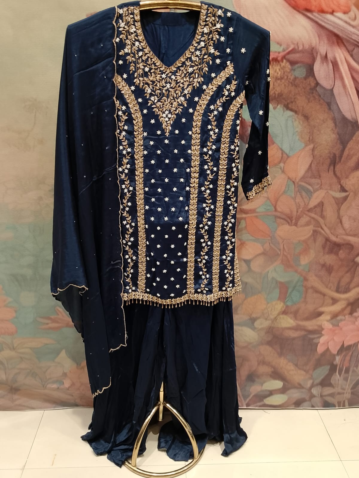 Midnight Navy Blue Embroidered Georgette  Palazzzo Suit.