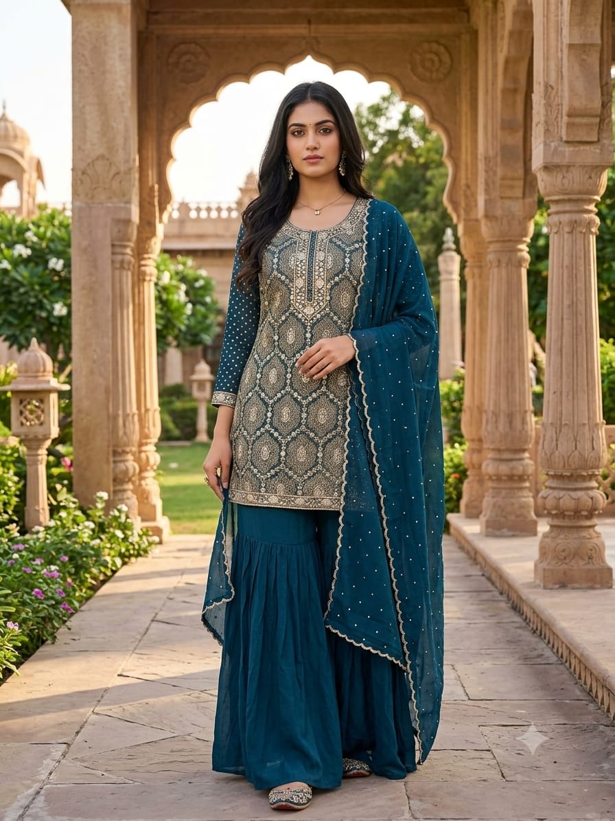 Teal Blue Georgette Sharara Suit
